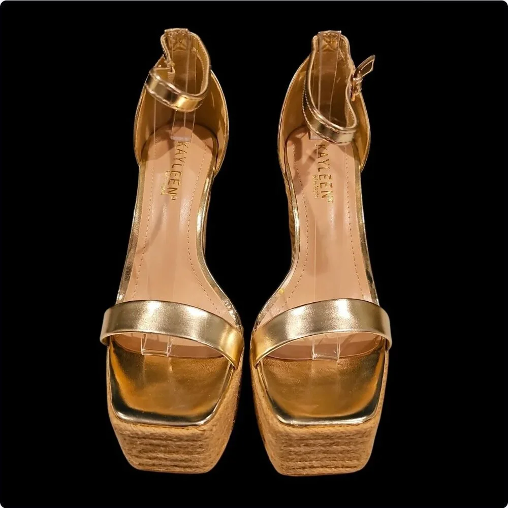 Gold Platform Espadrille High Heel Sandals With Ankle Strap Faux Leather & Braid - Picture 2 of 6